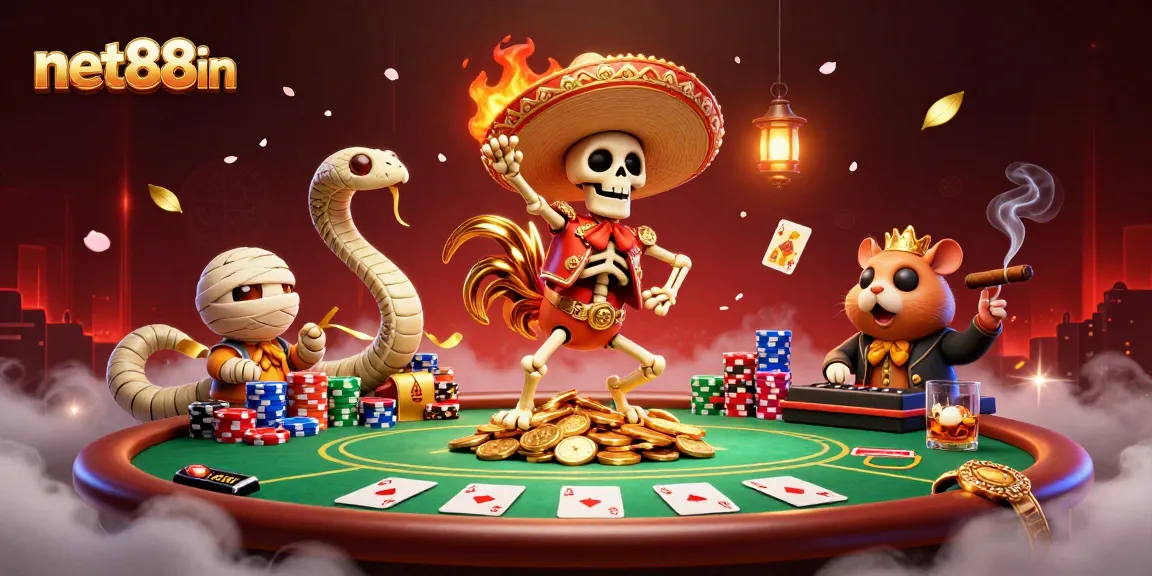 net88in features vibrant 3D casino illustration with a dancing skeleton, golden slots, and poker elements