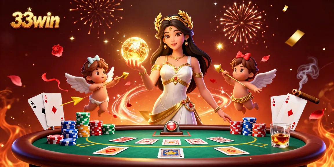 Engage in thrilling gameplay at 33win with stunning visuals of a goddess and Cupid characters amidst poker action.