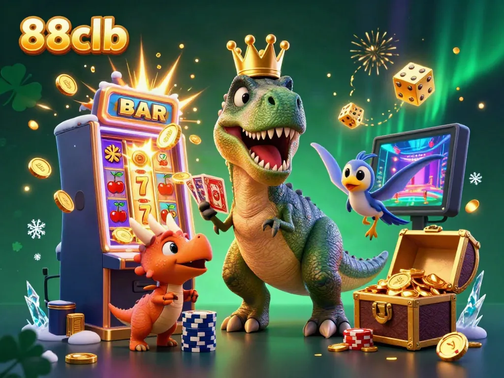 Experience the excitement at 88clb with a whimsical casino scene featuring a T-Rex and friends.