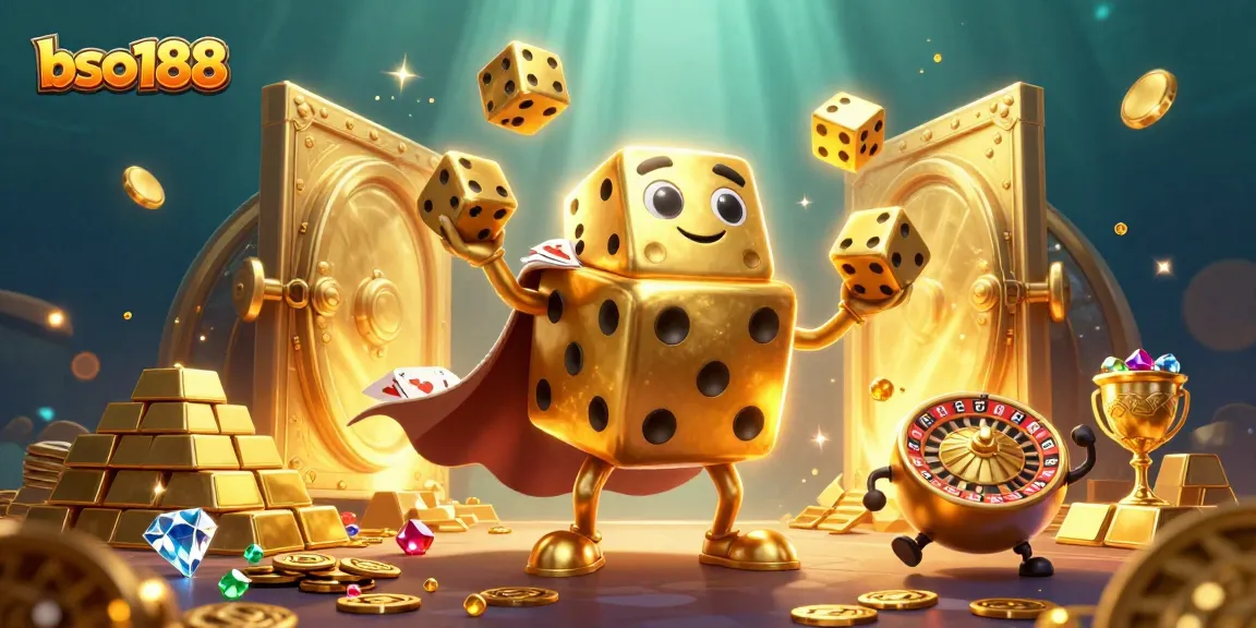 Engage in thrilling gameplay with bso188's golden dice and treasures cascading in a vibrant casino scene.