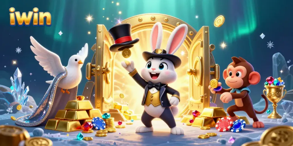 Experience the thrill of iwin as a magician rabbit conjures coins amidst casino treasures.