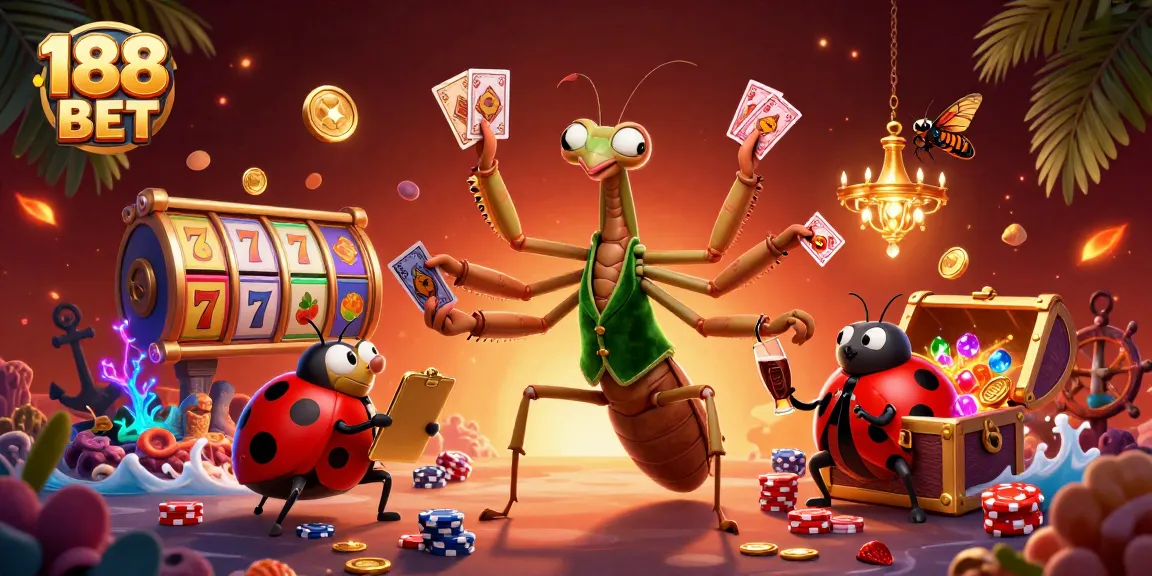 Engage with 188 BET while enjoying a lively casino scene featuring a 3D praying mantis card sharp and ladybug pit boss.
