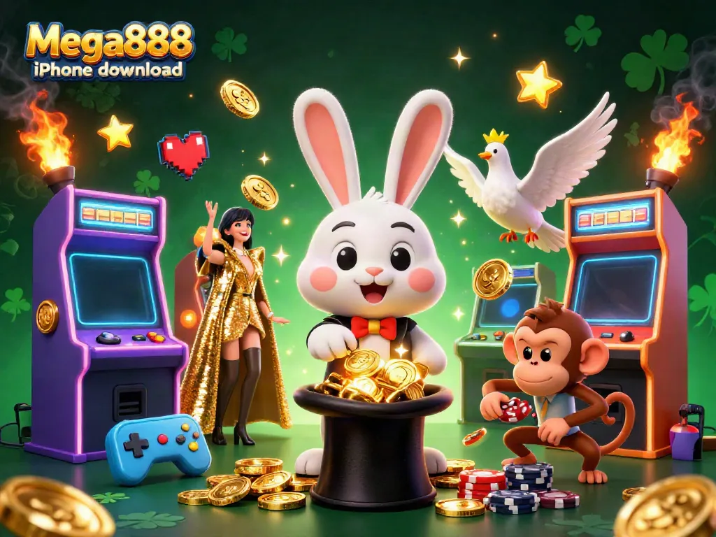 Experience the Mega888 iPhone download magic with a vibrant casino scene featuring a magician, assistant, and monkey.