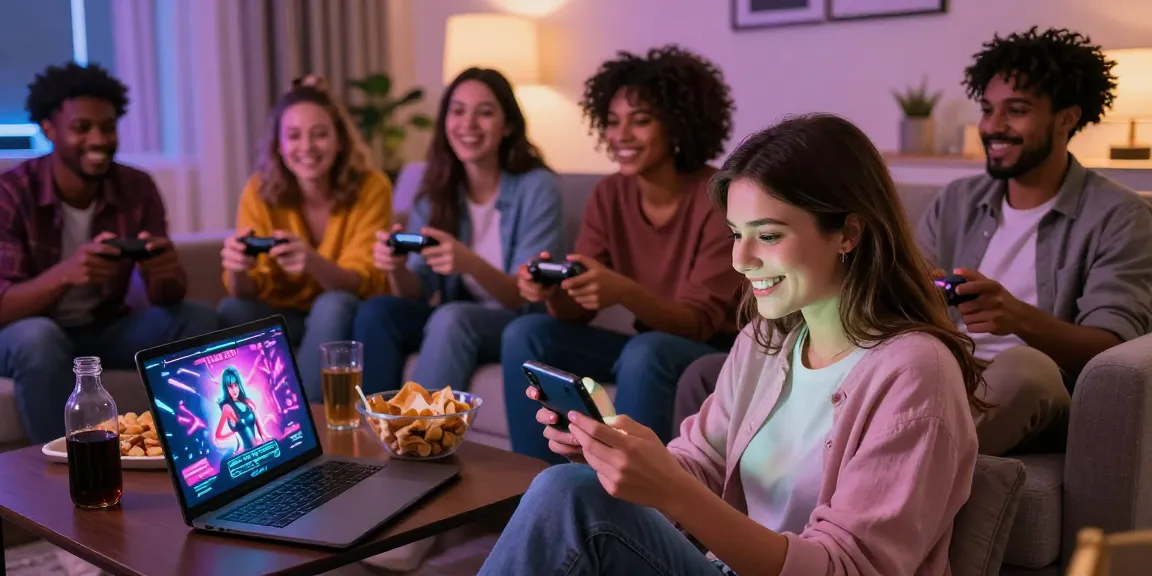 Enjoying game sex in a cozy multiplayer gaming scene with friends.