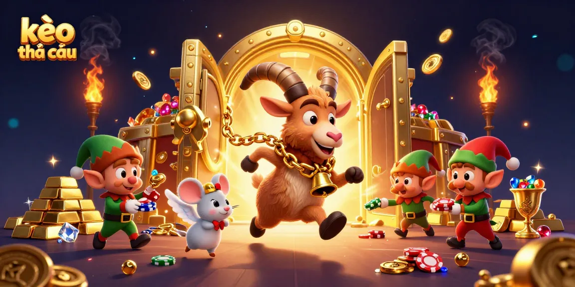 Experience the vibrant kèo nhà cái action in a festive casino illustration filled with playful characters and gold treasures.