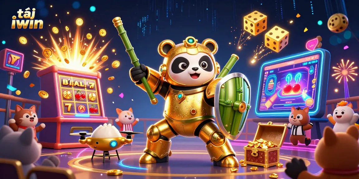 Experience the thrill of tải iwin with a 3D mech-suit panda amidst casino excitement and jackpot flair.