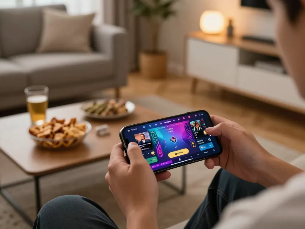 MMLive app user engaged in thrilling gameplay on smartphone in a cozy home setting.