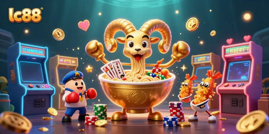 Win big with lc88 in a vibrant 3D casino scene featuring characters and game elements.