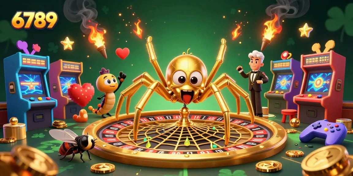 Play exciting games at 6789, with a golden spider and a centipede croupier in a dynamic casino scene.