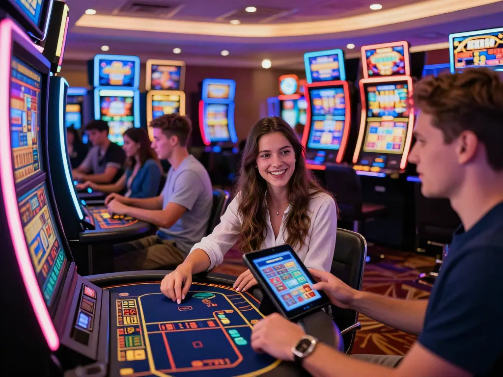 Exciting gaming environment at credit card casinos UK with players engaged in various games, showcasing vibrant casino atmosphere and modern technology.