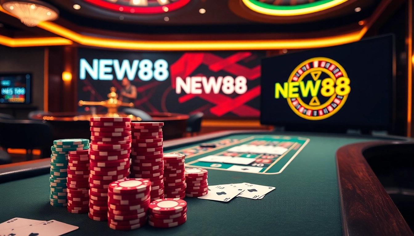 Experience high-stakes excitement at NEW88 with vibrant poker chips and a spinning roulette wheel.