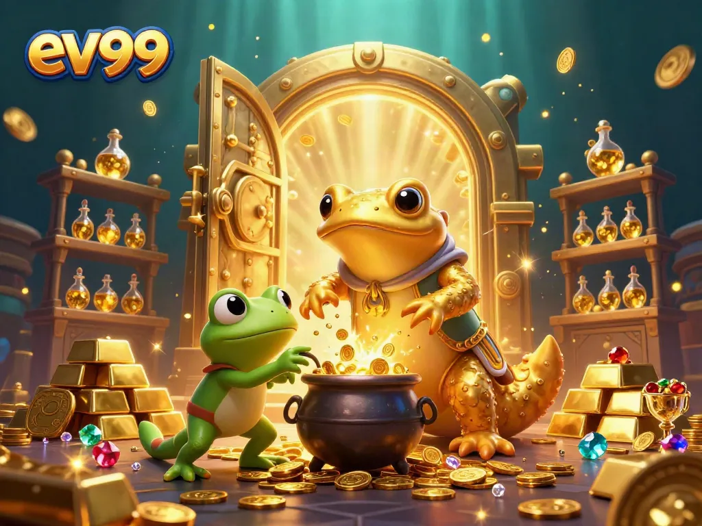 Experience the excitement of ev99 with a whimsical scene of gold creation and treasures.