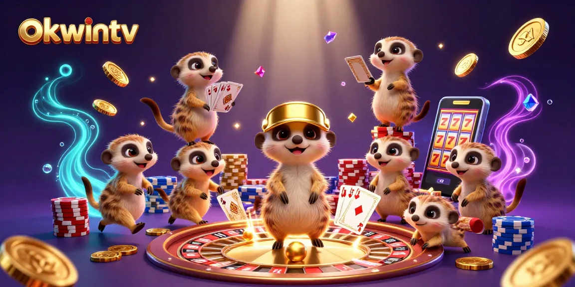 Experience OKWINTV with meerkats managing sports betting, surrounded by dynamic casino elements.