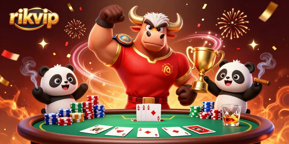 Play to win at Rikvip with a 3D cartoon bull mascot celebrating success in a vibrant casino scene.