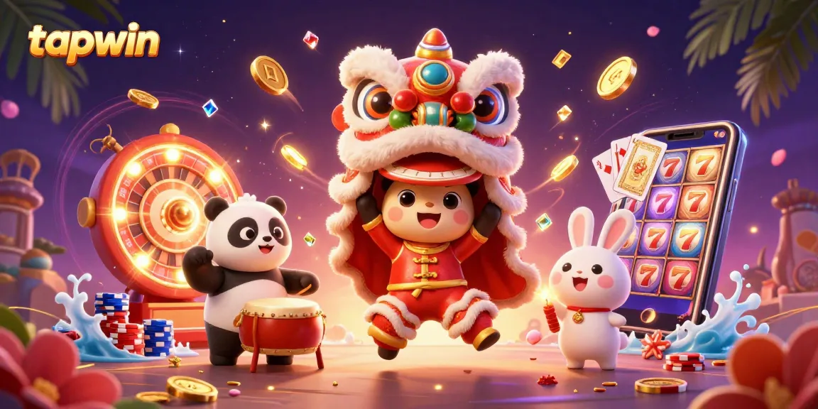 Experience excitement with tapwin's vibrant 3D illustration showcasing fun characters, slots, and casino games.