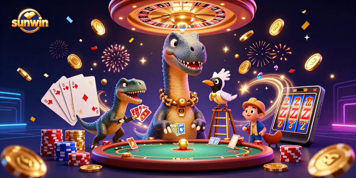 Catch the excitement of sunwin with a vibrant 3D scene of a dinosaur dealing cards in a buzzing casino.