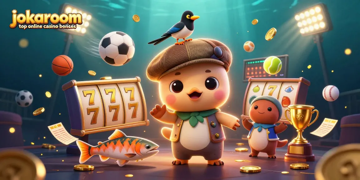 Explore jokaroom top online casino bonuses in a vibrant 3D illustration filled with exciting gaming elements.
