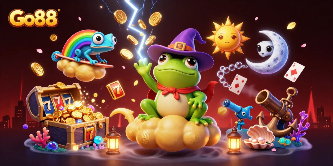 Experience the excitement of Go88 with a wizard frog and chameleon amidst floating slot reels and treasures.