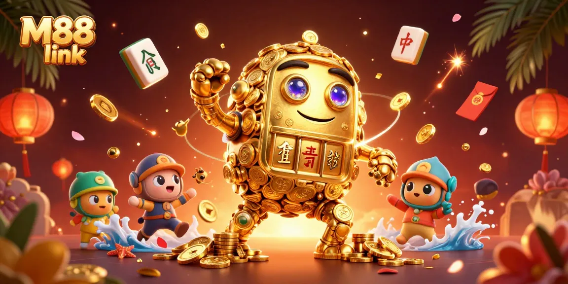 Experience the excitement of the M88 link with a vibrant 3D casino-themed illustration.