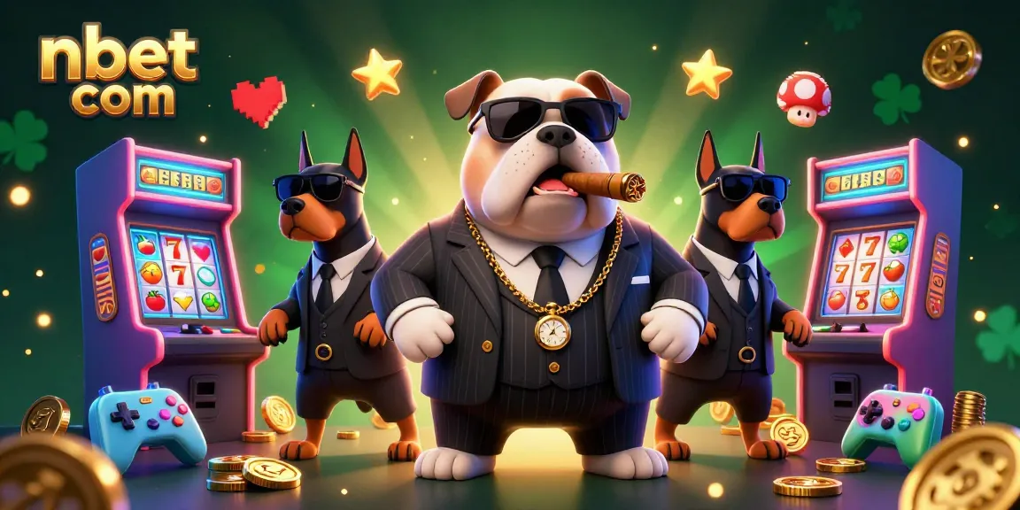 Experience excitement at nbet com with a 3D scene featuring a mafia bulldog and Dobermans amidst casino glamour.