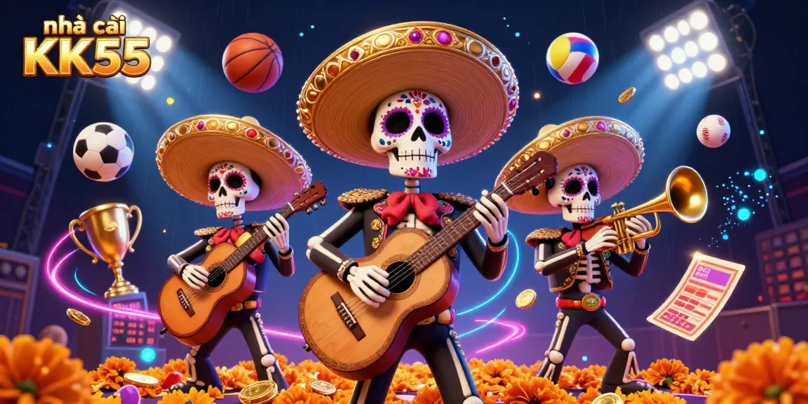 Immerse yourself in the vibrant world of nhà cái KK55, featuring a Day of the Dead mariachi band amidst sports elements and dynamic casino energy.