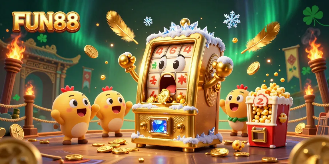 FUN88 slot machine celebrates its jackpot, surrounded by cheering machines and vibrant casino elements.